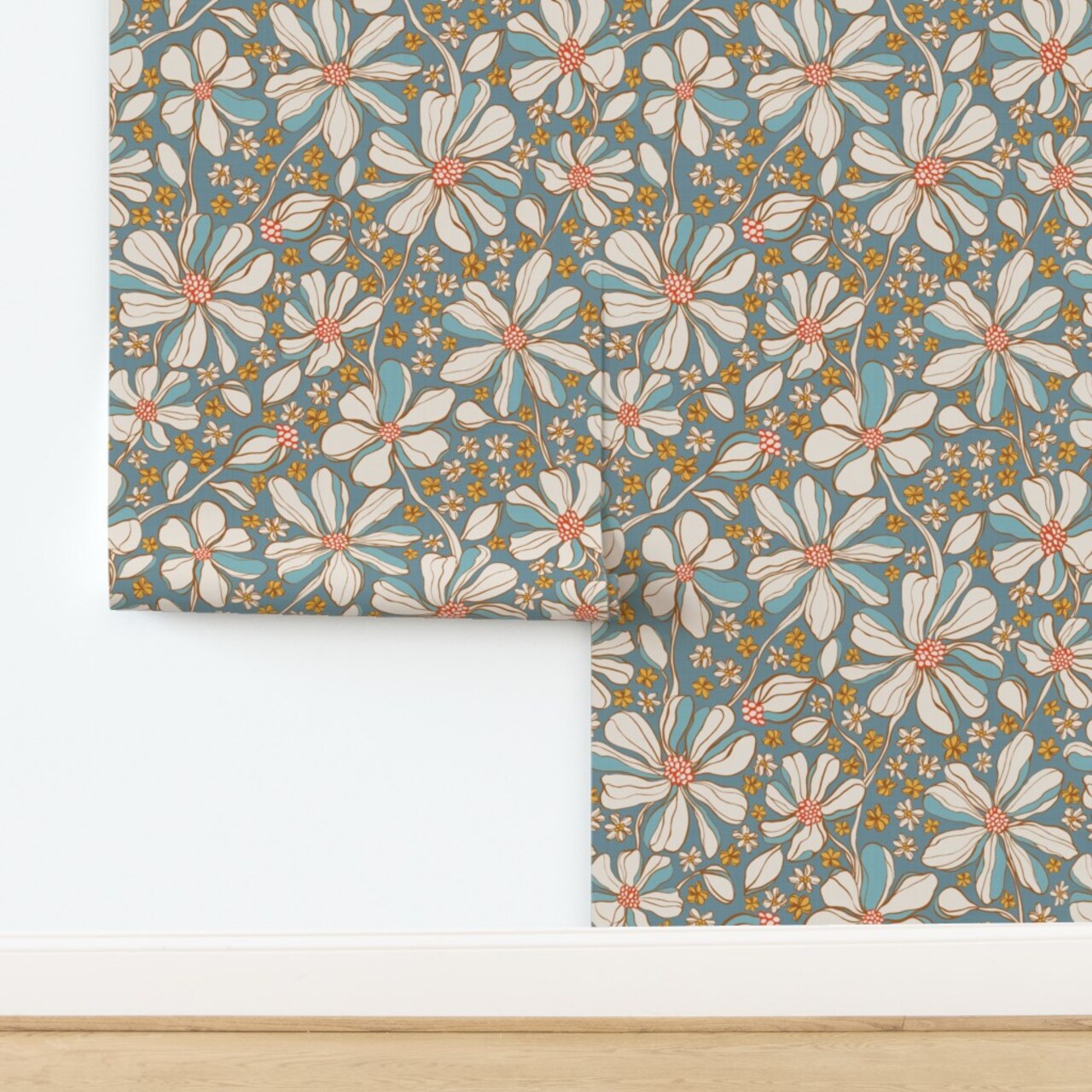 Blue Boho Floral Retro Botanical Garden Bloom Meadow Wildflower Large Scale Custom Removable Wallpaper by Spoonflower Peel & Stick Wallpaper 2FT Wide